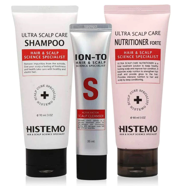 Histemo Scalp Care & Hair Loss Prevention Kit w Scalp Detox Cleanser, Shampoo, Conditioner (90ml shampoo + 90ml Nutritioner + one of 30ml cleanser)