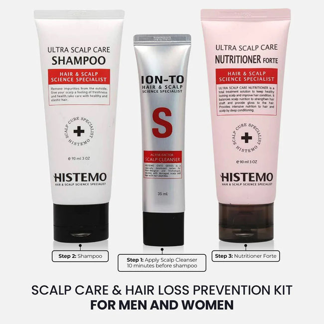 Histemo Scalp Care & Hair Loss Prevention Kit w Scalp Detox Cleanser, Shampoo, Conditioner (90ml shampoo + 90ml Nutritioner + one of 30ml cleanser)